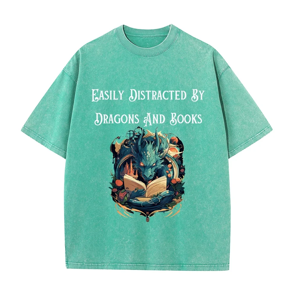 Funny Mythical Easily Distracted by Dragons and Books T-Shirt Roupas Masculinas Short Sleeved For Men Cotton T Shirt Graphic