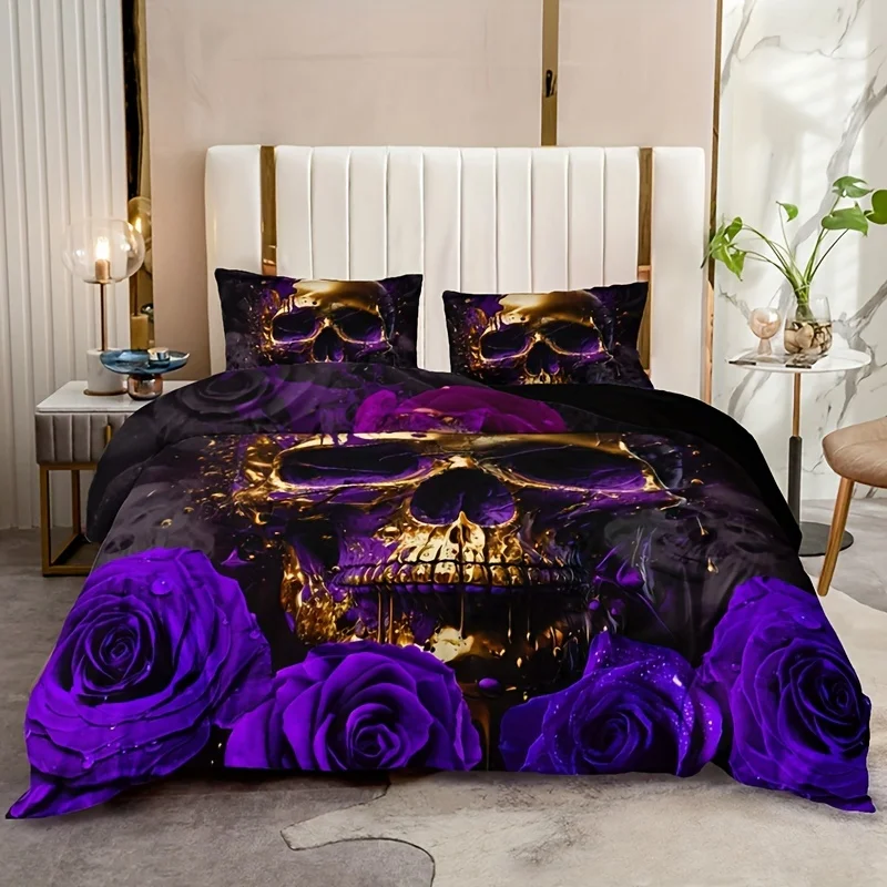 Golden Skull and Purple Roses Duvet Cover Set Flowers Comforter-Cover and Pillowcases Gothic Print Bedding Set Bedroom Decor