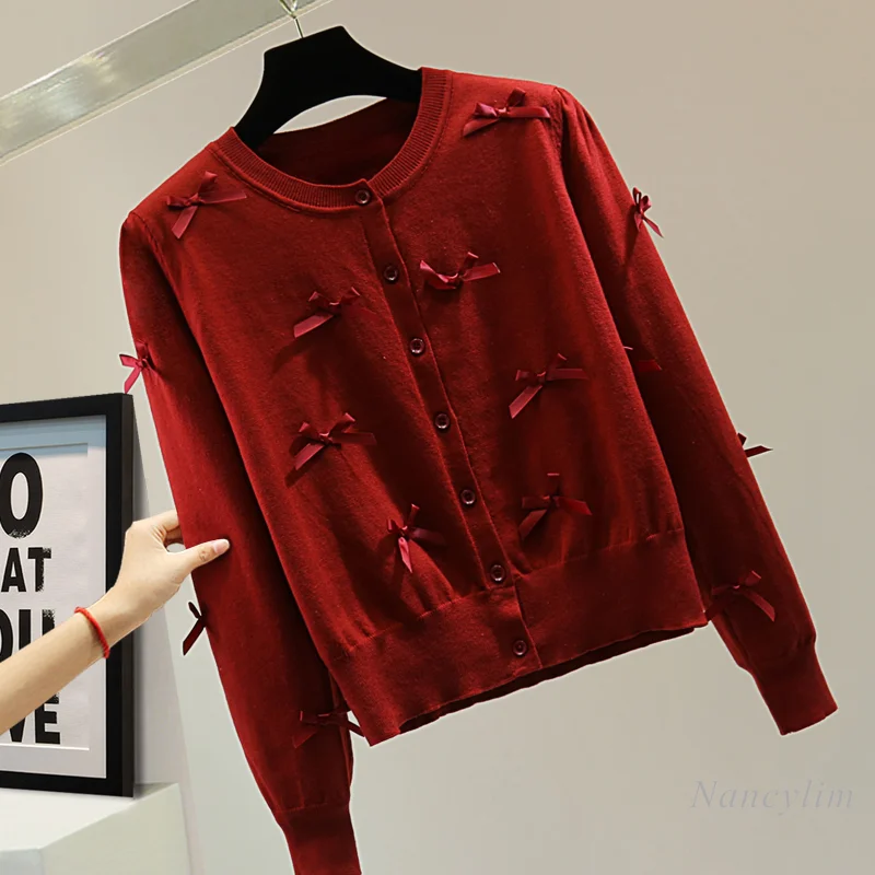 Capispalla a maniche lunghe con cuciture a fiocco Cardigan rosso da donna 2024 autunno inverno girocollo monopetto maglione lavorato a maglia cappotto