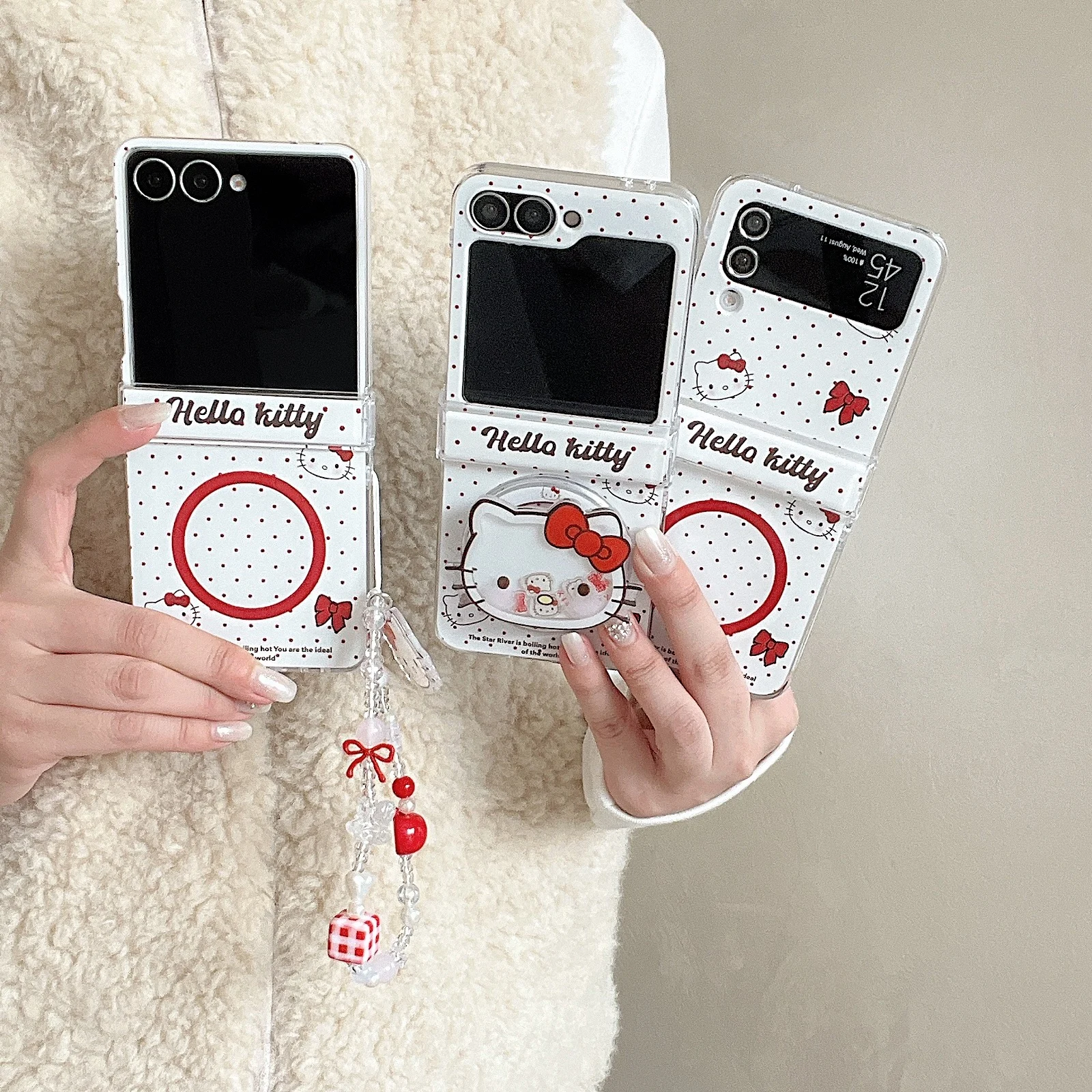 

Чехол для телефона Ins Polka Dot Hellokitty для Samsung Galaxy Z Flip7 7FE ZFlip6 5 zflip5 4 3 5G с подставкой Magsafe и цепочкой