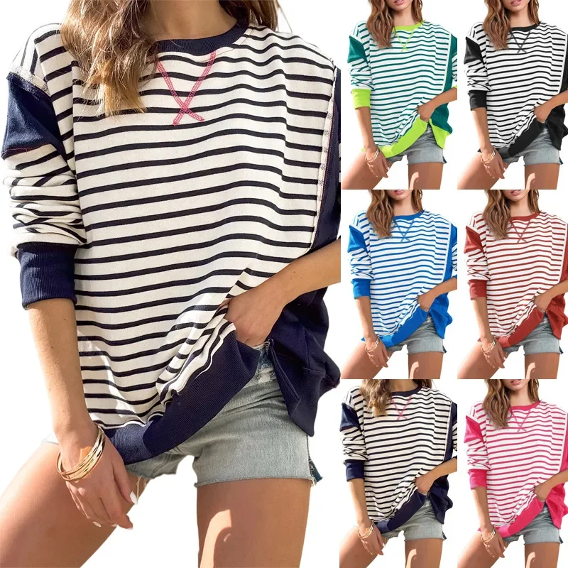 2024 new women's color blocked round neck sweatshirt with striped contrasting long sleeved T-shirt print