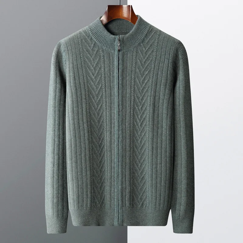 

autumn and winter New 100% merino wool cardigan men's semi-high-necked diamond-shaped thick jacquard knitted jacket