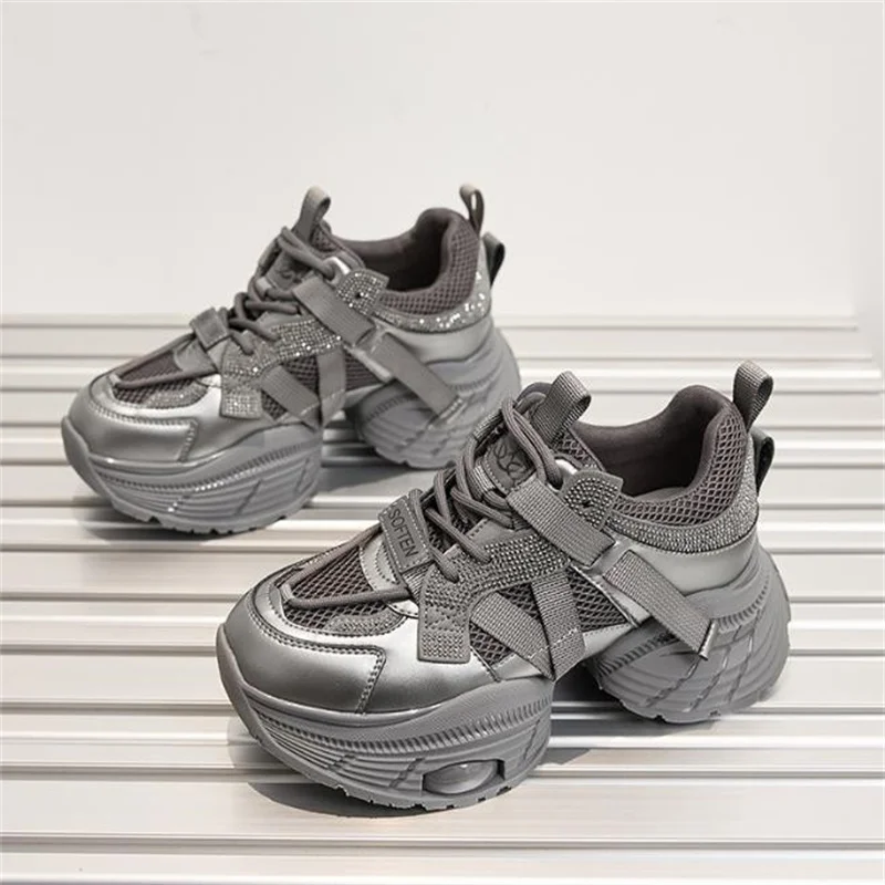7cm Platform Wedge Sneakers Genuine Leather Skate Board Vulcanized Chunky Hidden Heel Block Boots Silver fashion daddy shoes 40