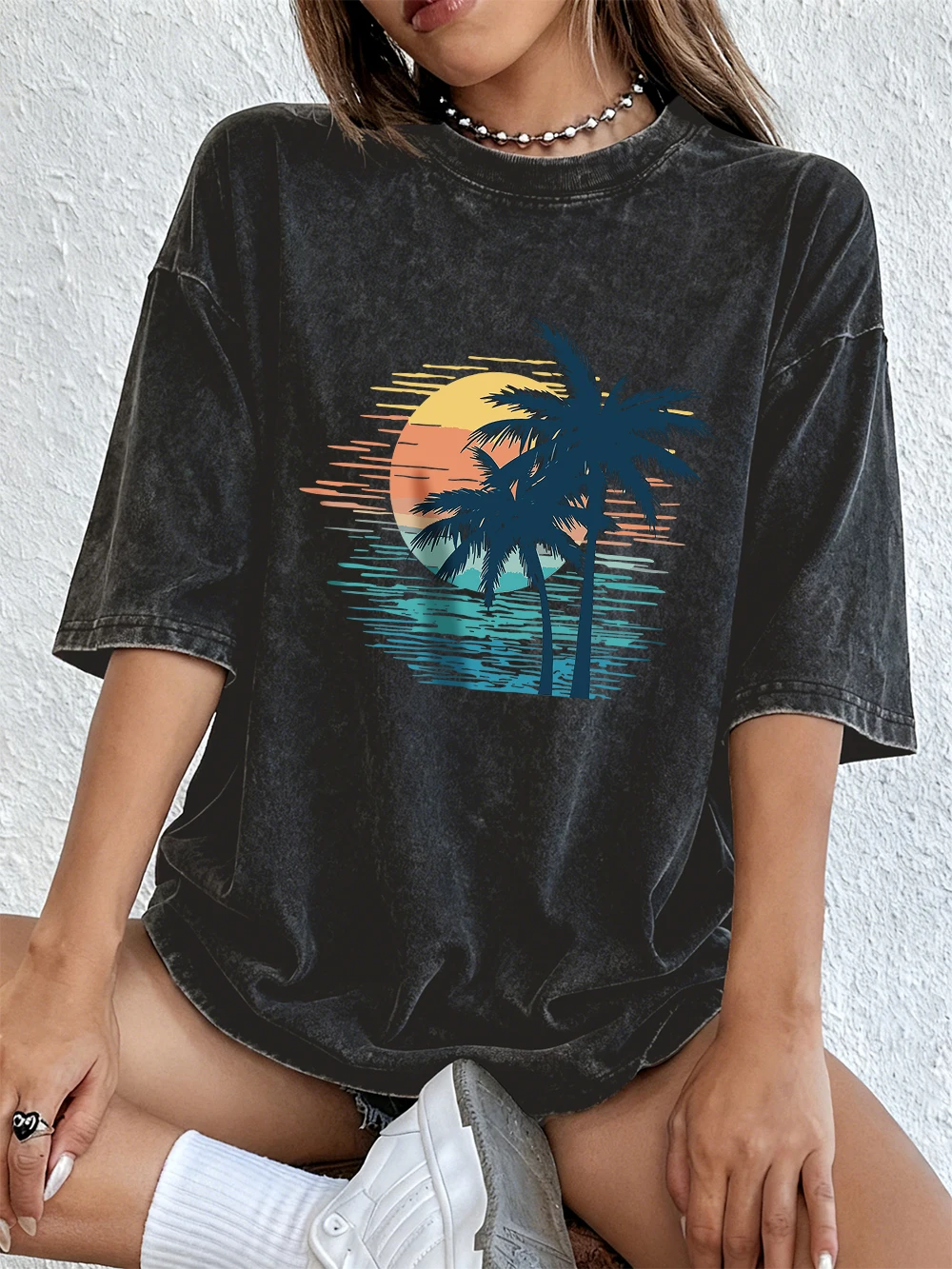 Sonnenuntergang Kokospalmen-Szene Baumwoll-Washed-T-Shirts für Damen – Sommerliche Basic Oversized Oberteile, bequem, weich, Distressed, O-Neck Streetwear – Detail 8
