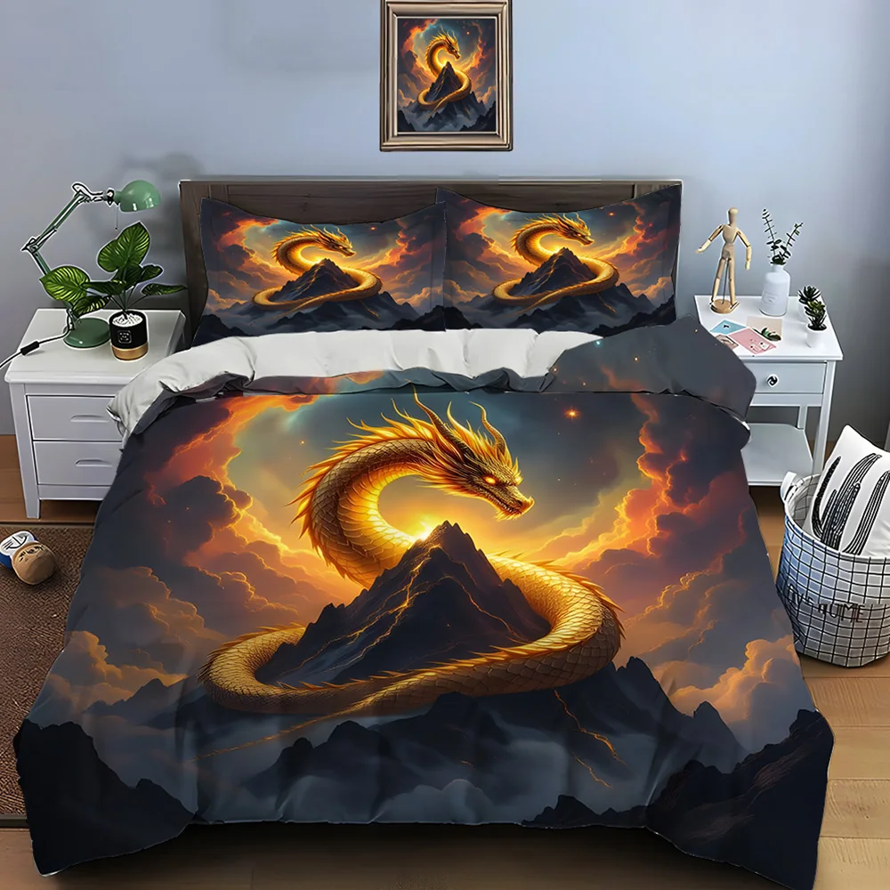 Golden dragon coiled on mountain Print Soft Comfortable Duvet Cover Bedding Set Included 1*Duvet Cover  2*Pillowcases for gifts