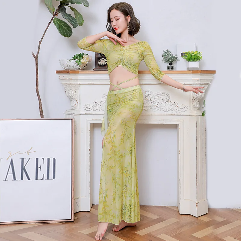 カスタマイズされたベリーダンス衣装 花柄セクシーメッシュ 女性練習用衣装セット オリエンタルダンスドレス