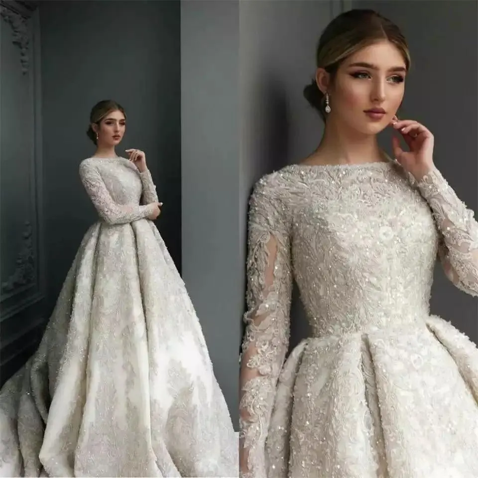 

Luxury Long Sleeves Muslim Wedding Dresses For Women Beaded Princess Wedding Gowns A-Line Elegant Bridal Gowns Vestido De Noiva