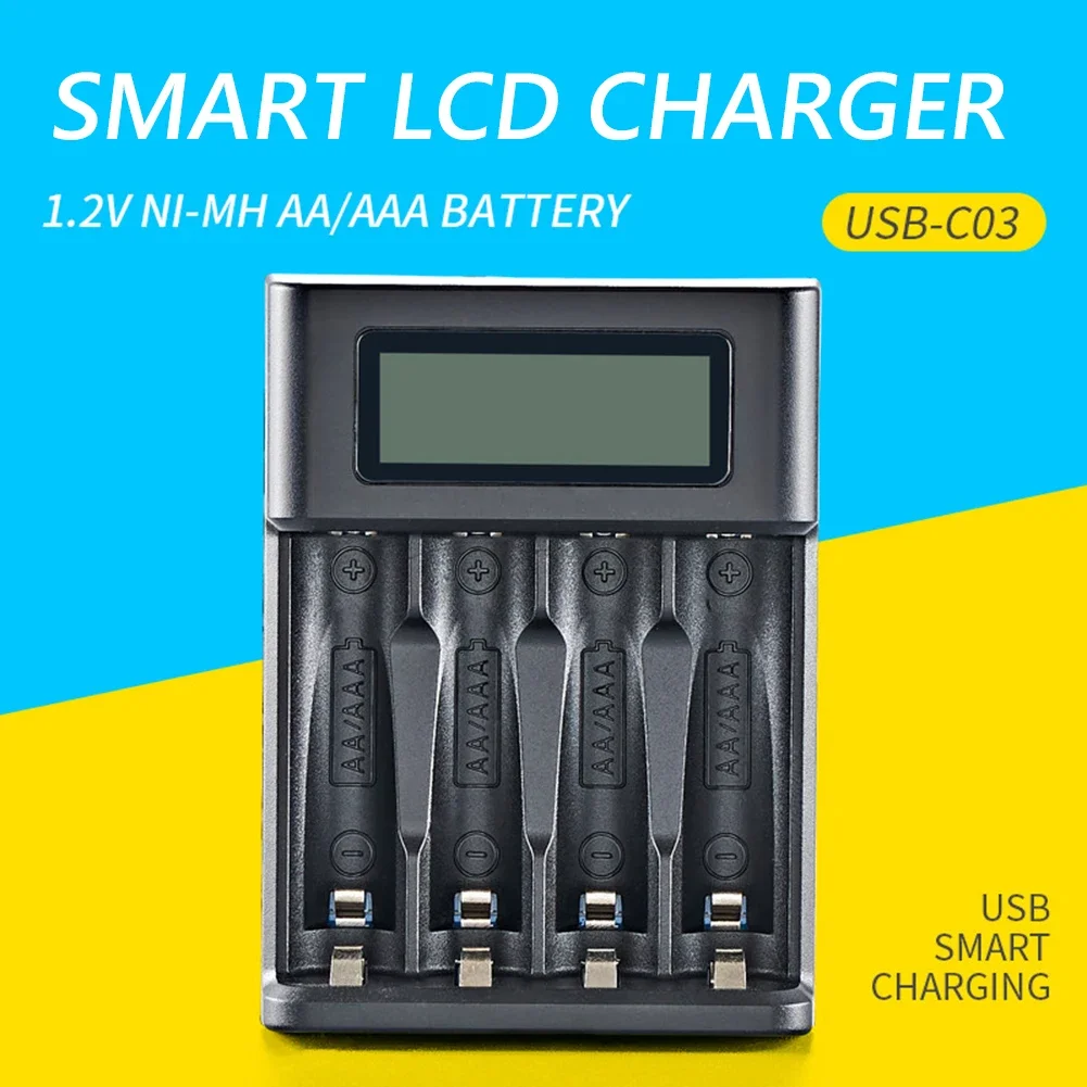 4 Slots LCD Display AA AAA Rechargeable Battery Charger USB Input Smart LCD Charger for 1.2V Ni-MH/Ni-CD Rechargeable Batteries
