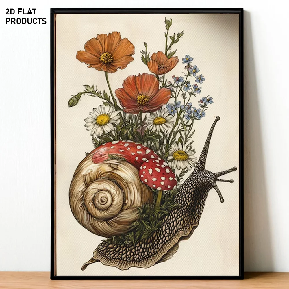 2D Flat, 2D Flat, 1pc 2D Flat Frameless Canvas Art | Snail and Wildflowers with Poisonous Mushrooms, Vintage Nature Illustrat