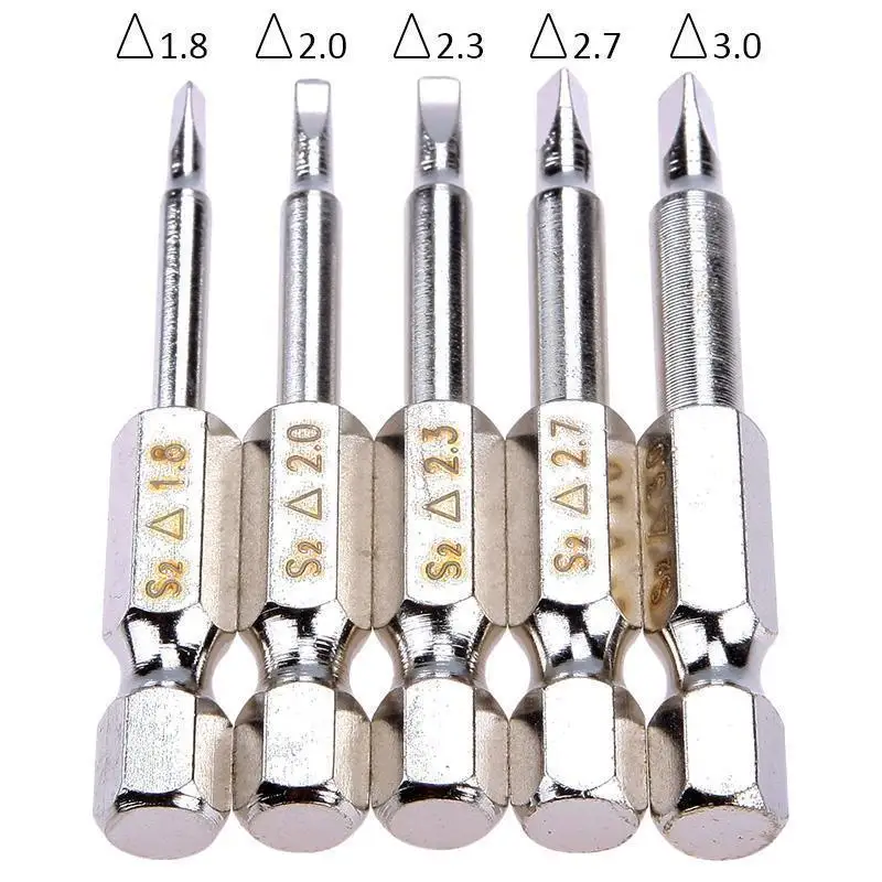 5pcs/set Triangular Screw Bits Set Alloy Steel Magnetic Screwdriver Bit 6.35mm Hex Shank, Triangle Screw Head, 1.8/2/2.3/2.7/3mm