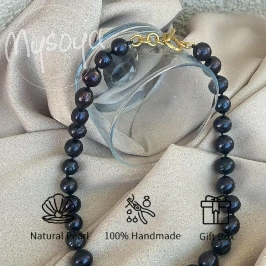 

MYSOYA 10-11mm Large Natural Black Freshwater Pearl Necklace Multi Size With Gift Box Wedding Birthday Christmas New Year Gift