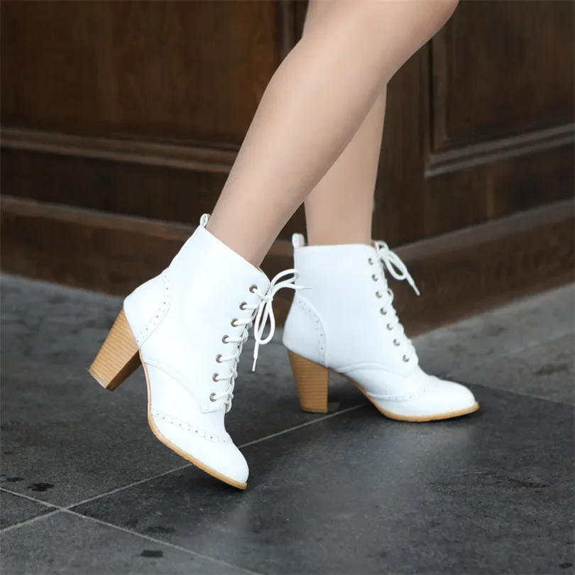 Plus Size Winter Women Ankle Boots Black Brown Black High Block Heels Round Toe Casual Office Ladies Lace Up Vintage Short Boots