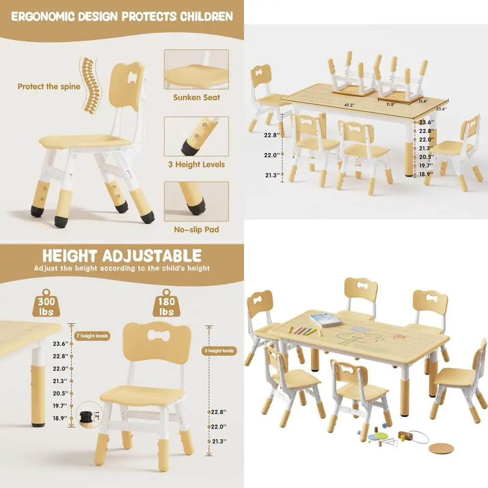 

Регулируемый по высоте детский стол и набор из 6 стульев, многофункциональный стол для занятий для класса, детского сада или дома, подходит для детей от 2 до 8 лет