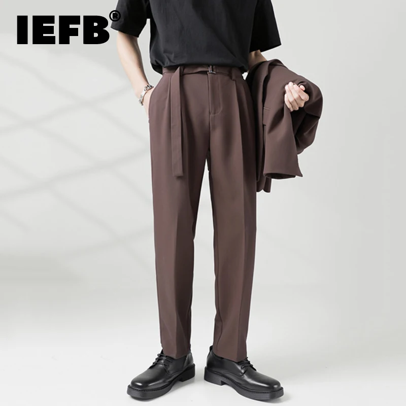 IEFB 2023 Autumn Winter New Men\'s Solid Color Straight Pants Simple Korean Chic Male Lace-up Loose Pocket Suit Pants 24A1142