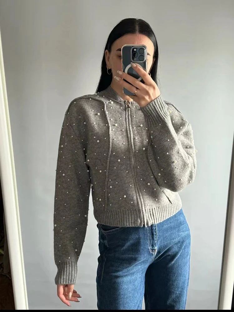 ZHUISHU Women Fashion With Faux Pearl Grey Front Zipper Bomber Jackets Vintage O-Neck Long Sleeves Female Chic Lady Outfits