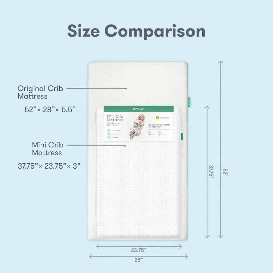 Mini Crib Mattress 37.75 x 23.75 for Nursery Use, Organic Cotton Cover, Light Gray, Breathable Machine-Washable