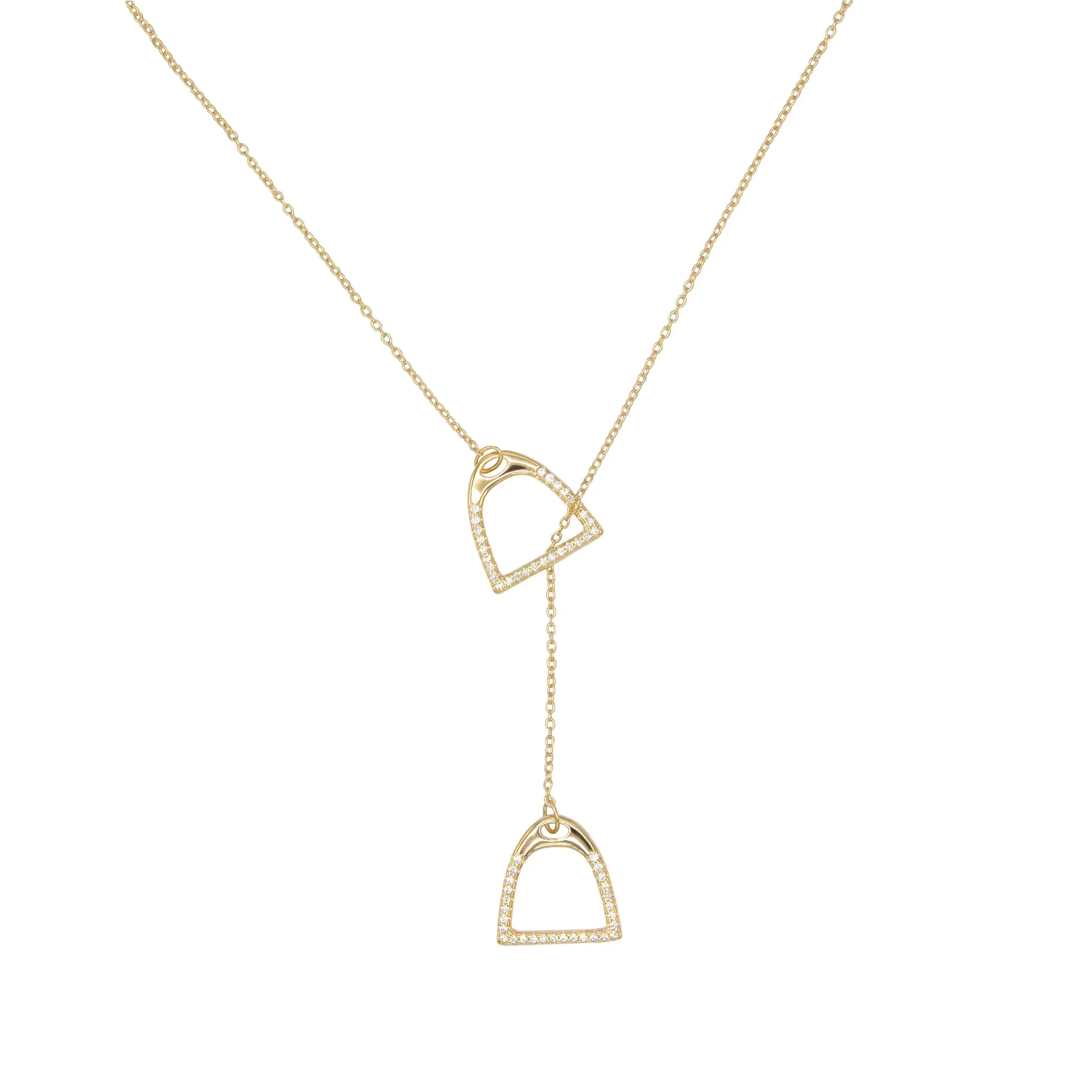 

100% 925 Sterling Silver Double Horse Stirrup Pendant Y Lariat Long Chain Necklace For Women Fashion Delicate Jewelry