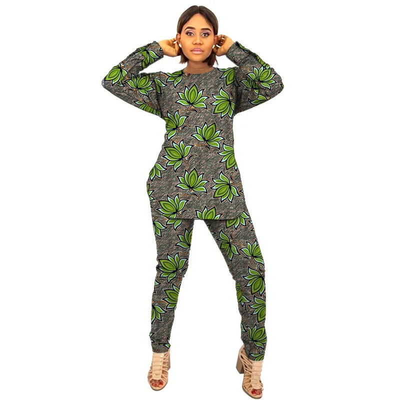 

African Couture Women O-Neck Shirt Patch Trouser Printed Ankara Outfit Customized Tops With Pants For Wedding