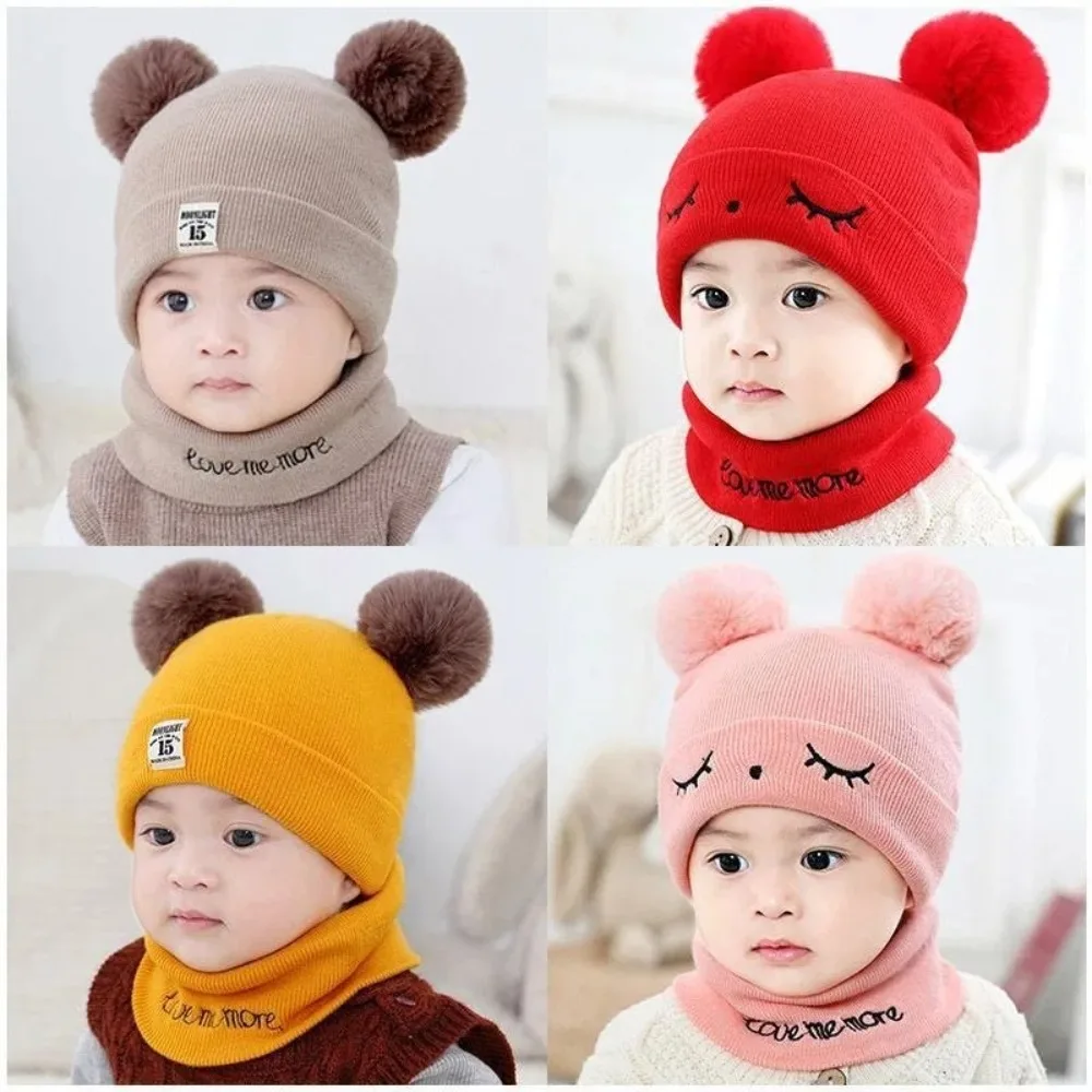 Cute Cotton Wool Knitted Bonnet Pompom Beanie Winter Hat Solid Color 2-piece Set Baby Hat