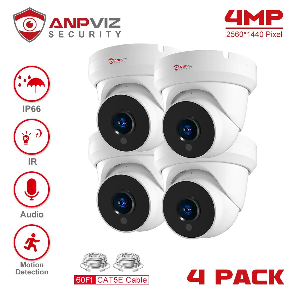 Anpviz 4MP POE IP Camera 4PCS Outdoor Security  Video Surveillance Turret Camera Motion Detection P2P View Danale Built-in Mic