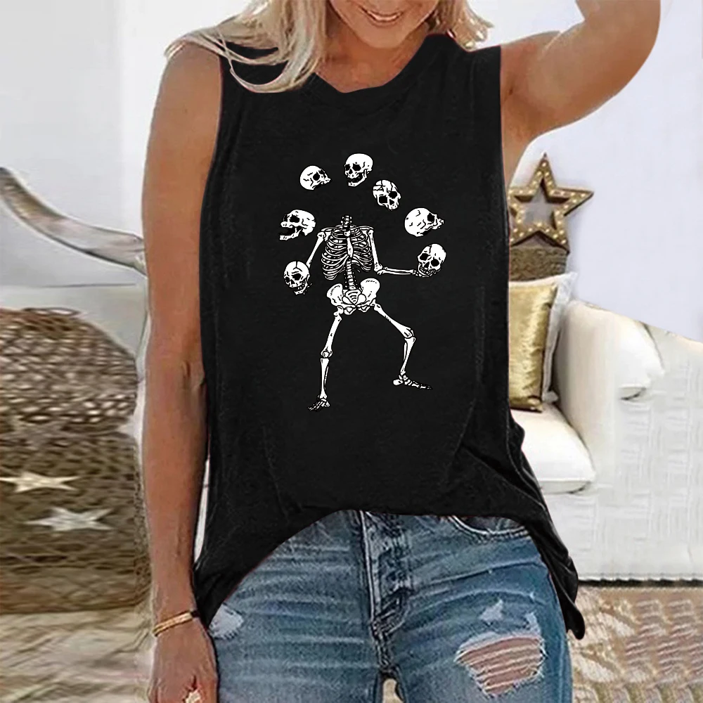 Seeyoushy Funny Skeleton Skulls Graphic T Shirts Women Crew Neck Sleeveless Summer T Shirt Harajuku Vintage 90s Girs Tops Tees