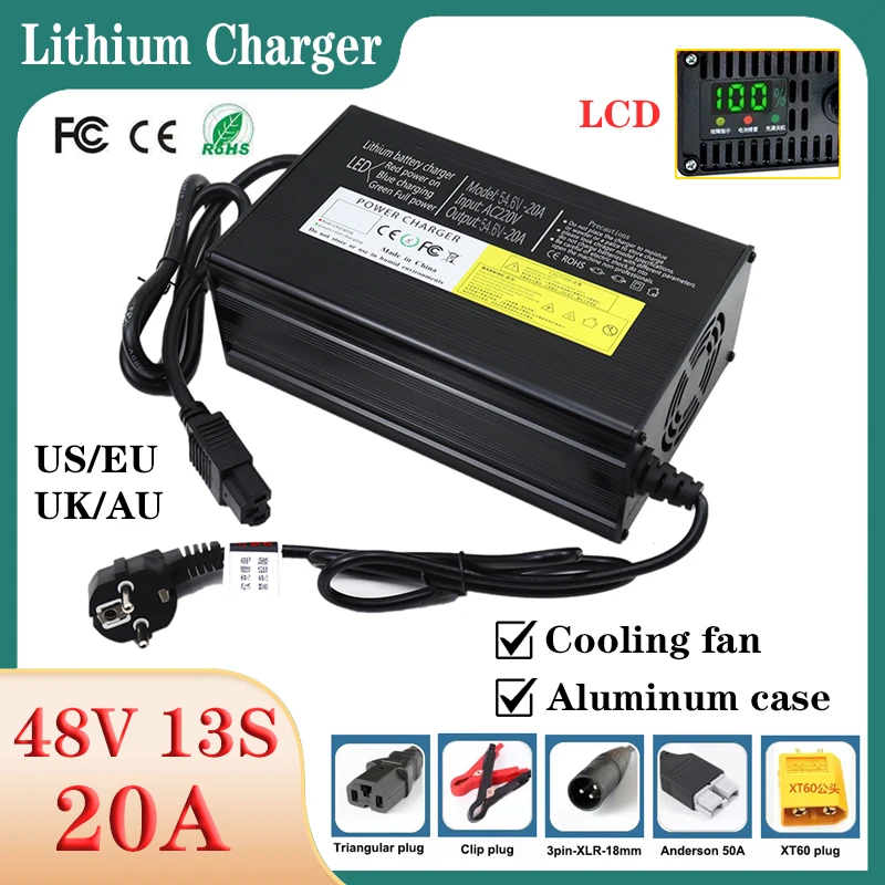 

New 54.6V 20A Aluminum Shell Lithium Battery Charger AC110V/220V For 13S 48V 50A 80A Electric two wheelers moped Fast Charging