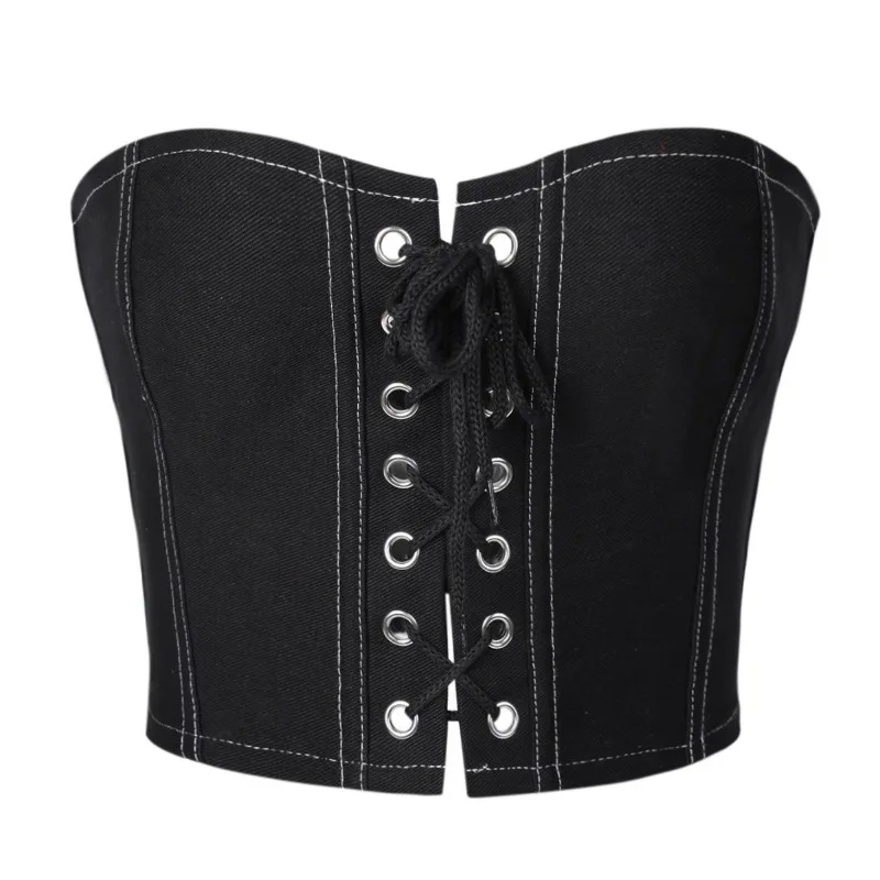 Women Black Corset Top Front Lace Up Bustier Crop Top White Stitching Punk Streetwear Waist Cincher Slimming Bodice
