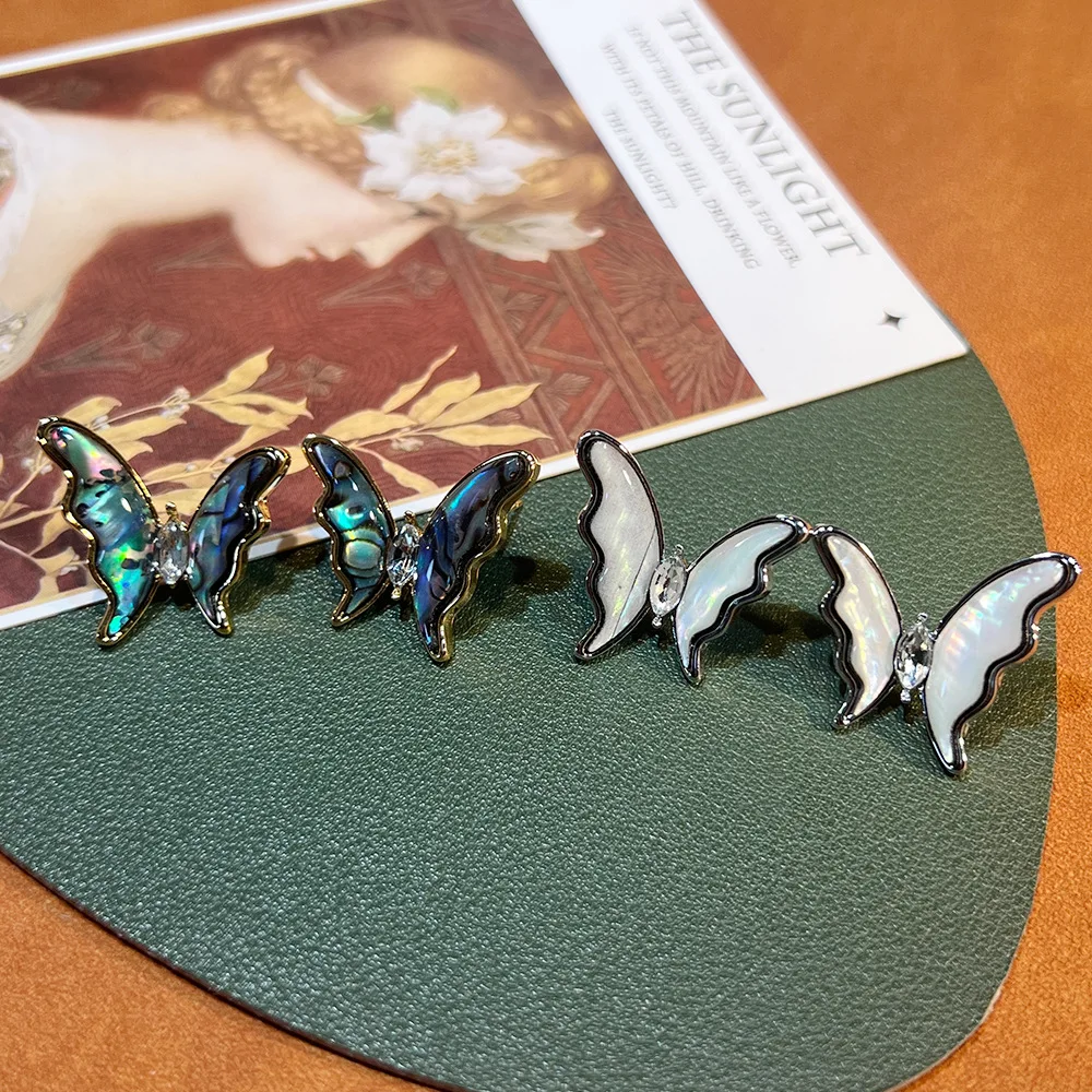 Butterfly Stud Earrings S925 Silver Ear Post Imitation Abalone Shell White Mother Of Pearl CZ Women Daily Minimalist Jewelry
