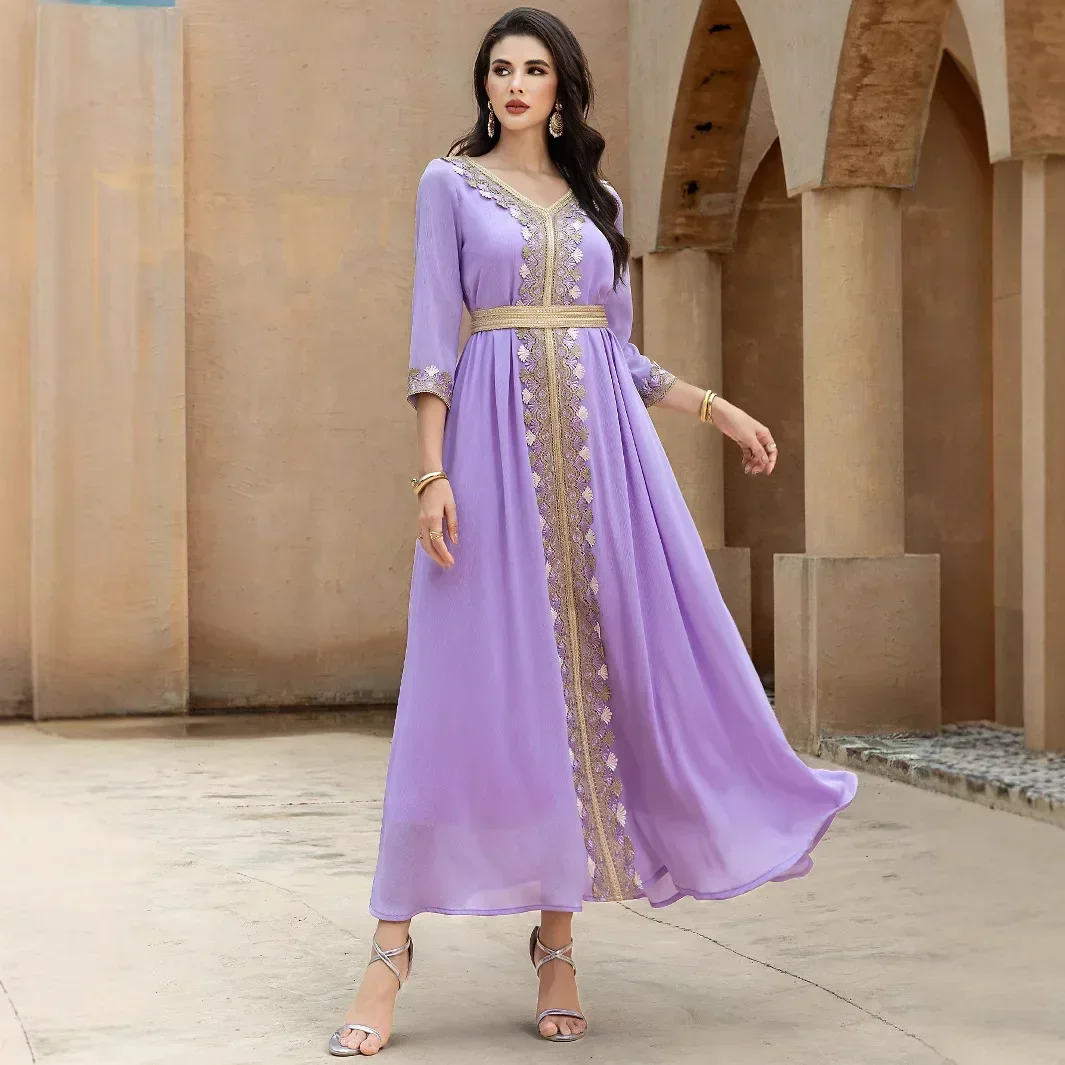 Eid luxe dubaï Abayas pour femmes broderie ceinture Jalabiya Robe musulmane turquie caftan longue Robe de soirée Caftan Marocain Femme