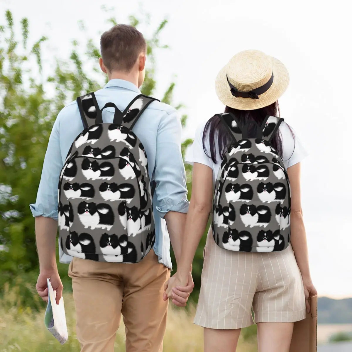 Black And White Parti Pomeranian Fluffy Dog Student Backpack School Bag Hiking Travel Daypack Men Women Bookbag Shoulder Bags