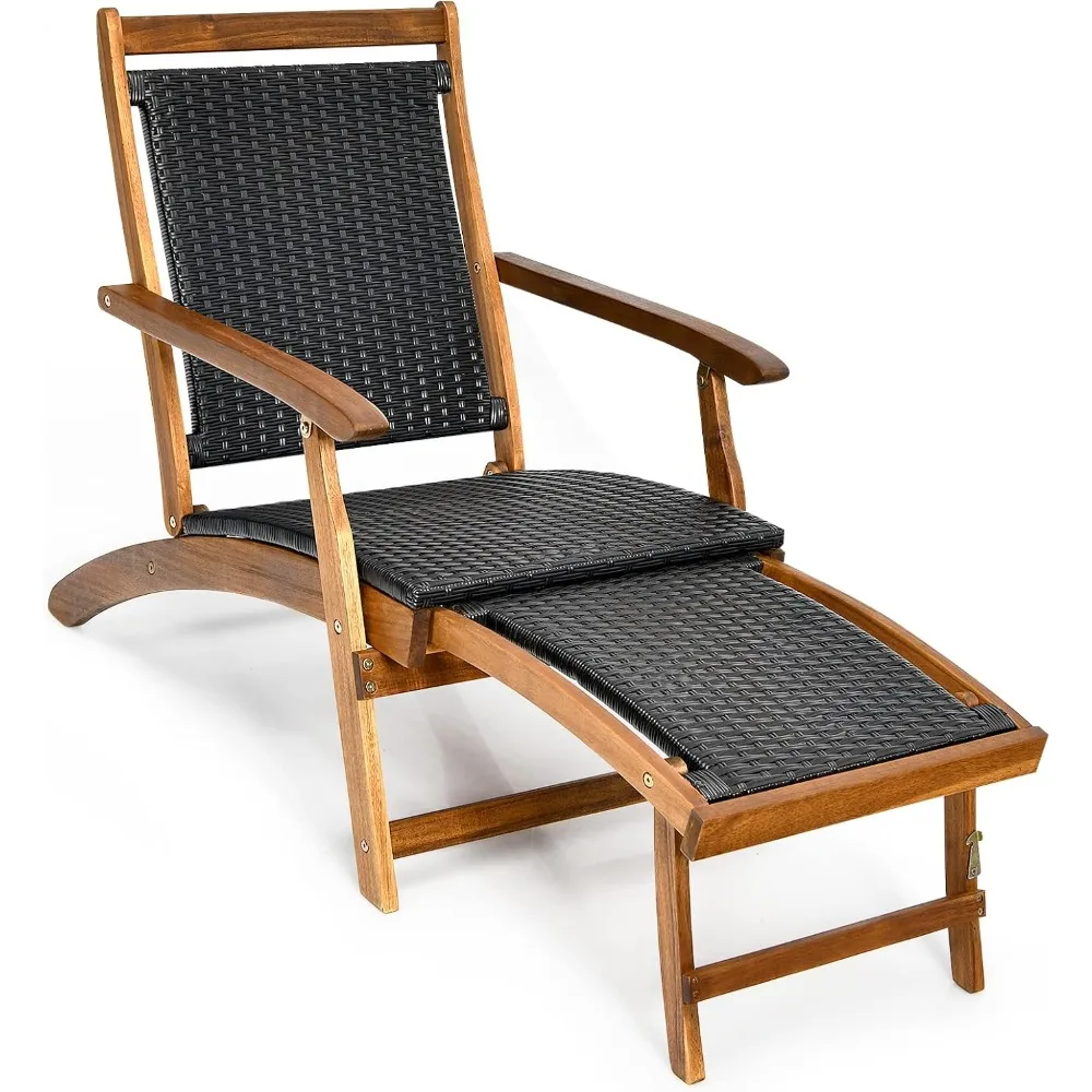 

Patio Folding Rattan Lounge Chair, Acacia Solid Wood Frame, Low Deck Chair with Convenient Retractable Footrest, 24” x 51.5” x