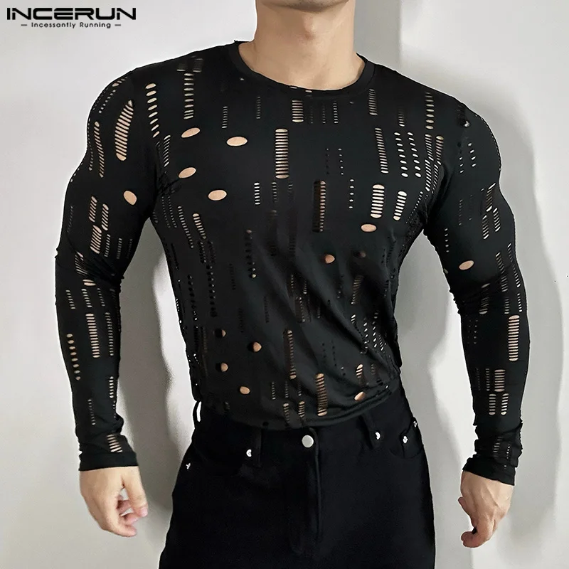 Stilvolle, gut sitzende Oberteile INCERUN Herren-T-Shirts mit lustigem Hohl-Out-Design, lässige Streetwear, solides O-Ausschnitt, langärmeliges Camiseta S-5XL