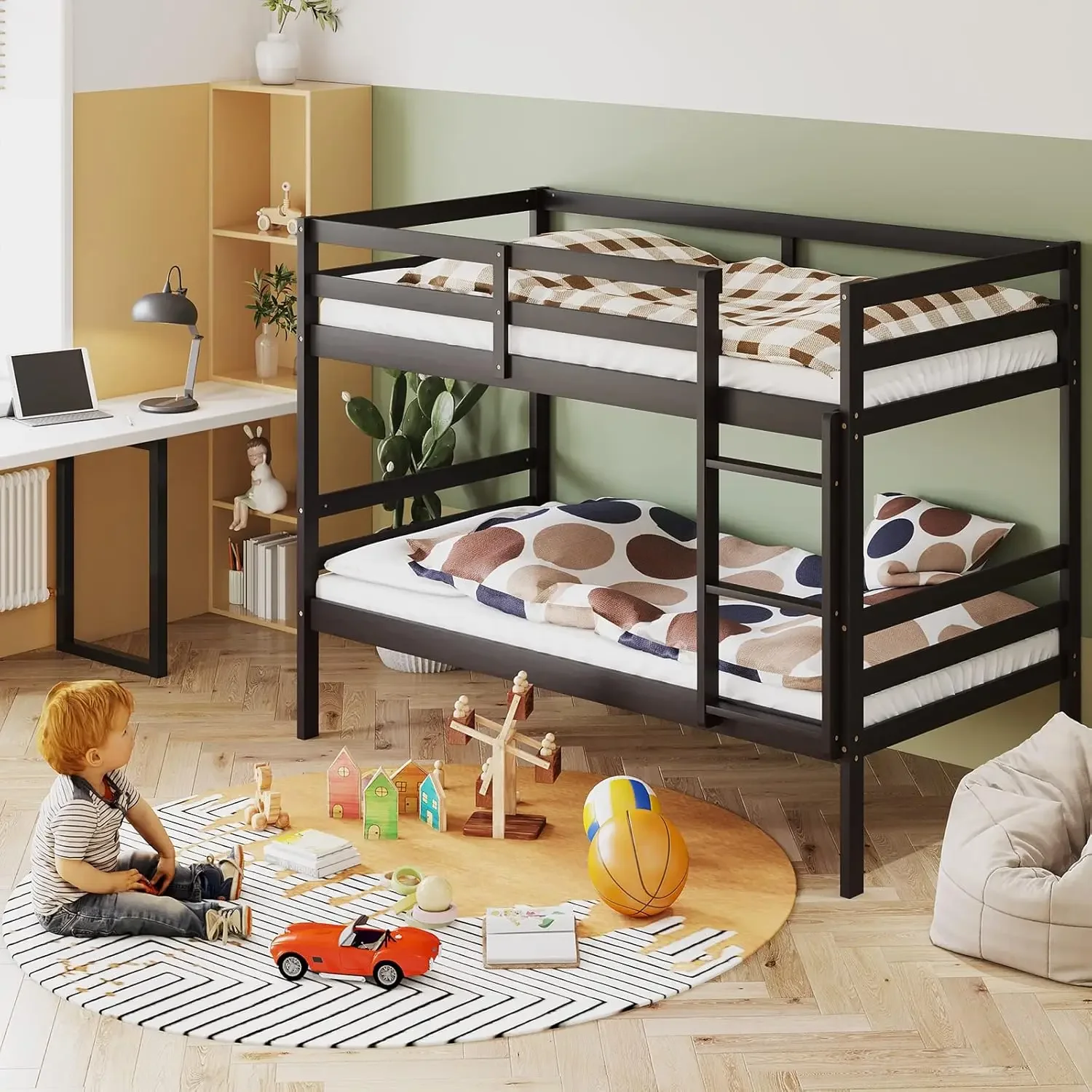 

Wood Bunk Bed Twin Over Twin, Bunk Bed with Ladder & Safety Guardrail, Solid Wood Bed Frame, Ideal for Dormitory