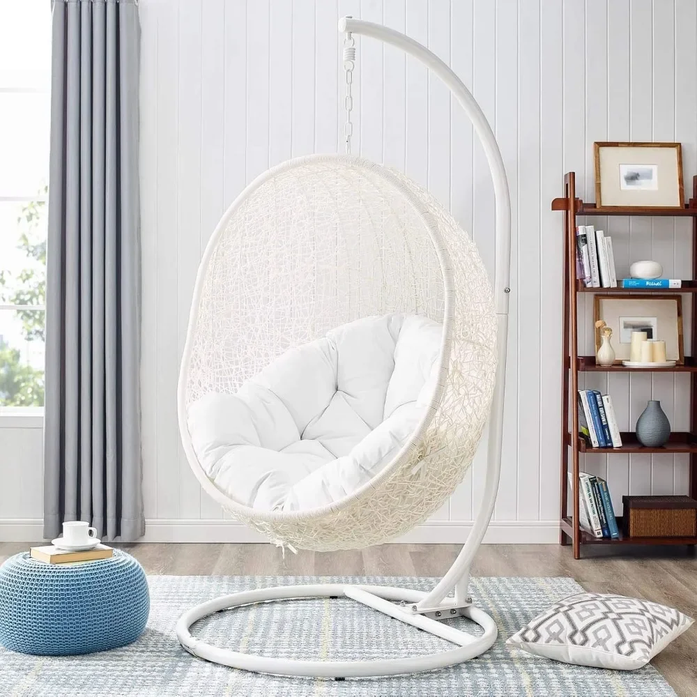 Wicker Rattan Outdoor Patio Porch Lounge Egg Swing Chair Set with Stand in White