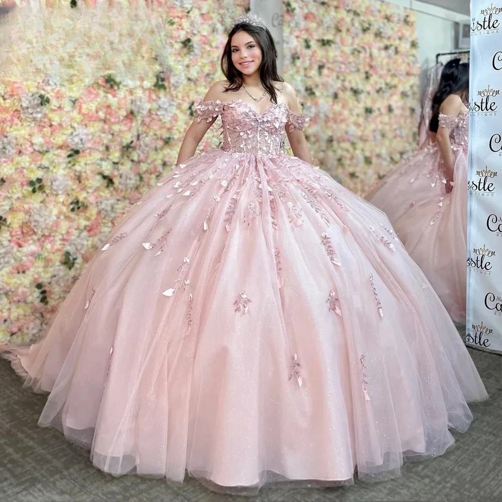 Pink Princess Quinceanera Dresses Ball Gown Off The Shoulder Tulle Appliques Sweet 16 Dresses 15 Años Mexican