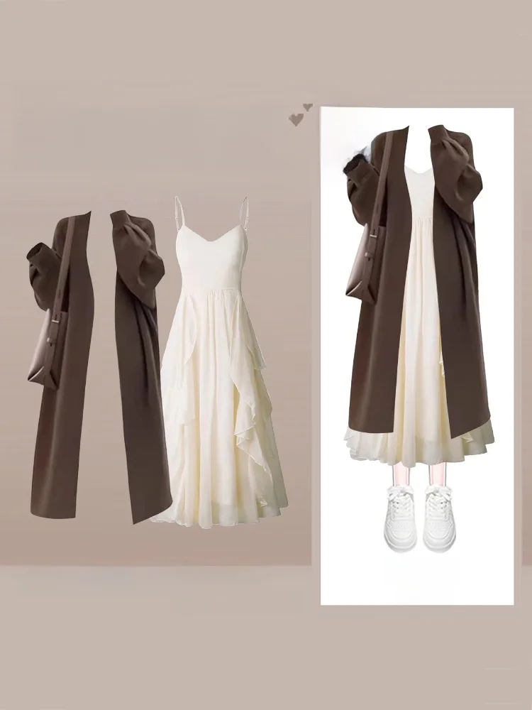 Début de l'automne coréen Sle ample Long Sve pull manteau femmes doux Aosphère sangle Dr deux pièces ensemble Faionable décontracté