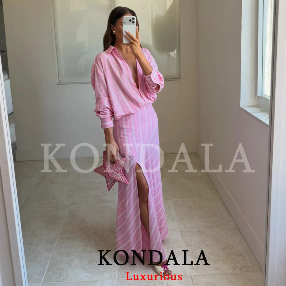 KONDALA Elegant Beach Sets Women Skirt Suit Striped Buttons Shirt Long Side Split Skirt Fashion 2026 Spring Summer Holiday Suit