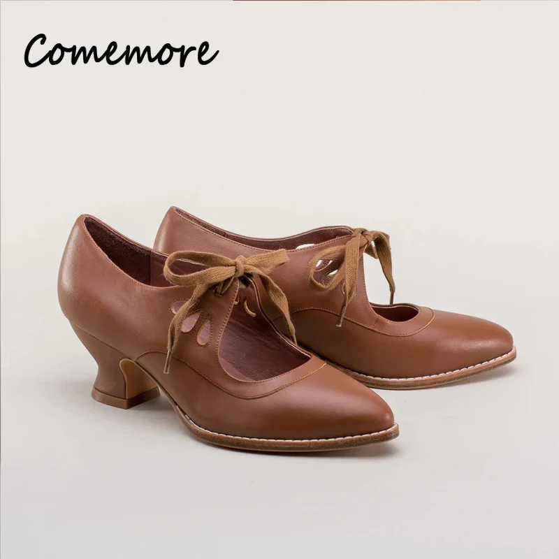 Comemores Woman Vintage Lace Up Low Heel Dress Zapatos Ladies Design Butterfly Wing Derby Shoes Retro Mary Jane Pump Plus Size