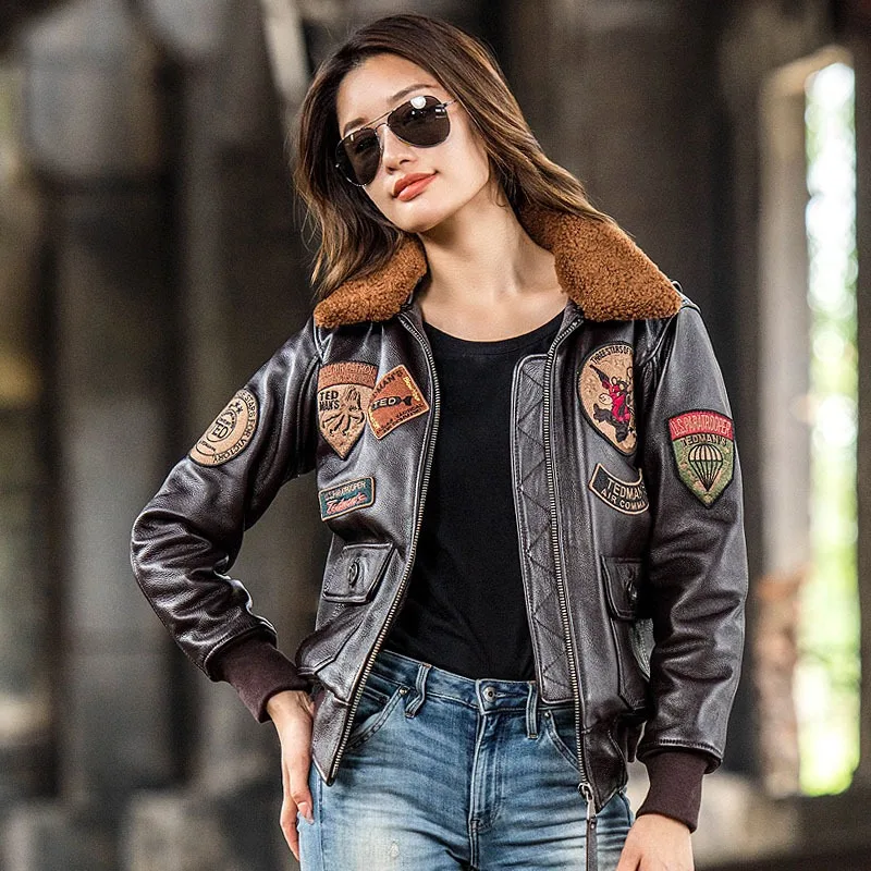 2024 New Women\'s Embroidery Insignia Head Layer Cowhide Leather Jacekt Paratroopers Air Force G1 Pilot Wool Collar Female Jacket