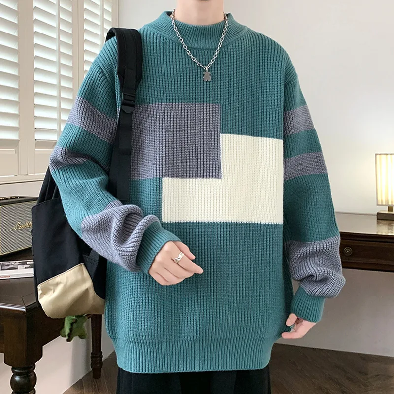 Autumn Winter Men Fashion Patchwork Sweaters Warm Knitted Tops Long Sleeve O-neck Pullovers Vintage Male Casual Loose Knitwear