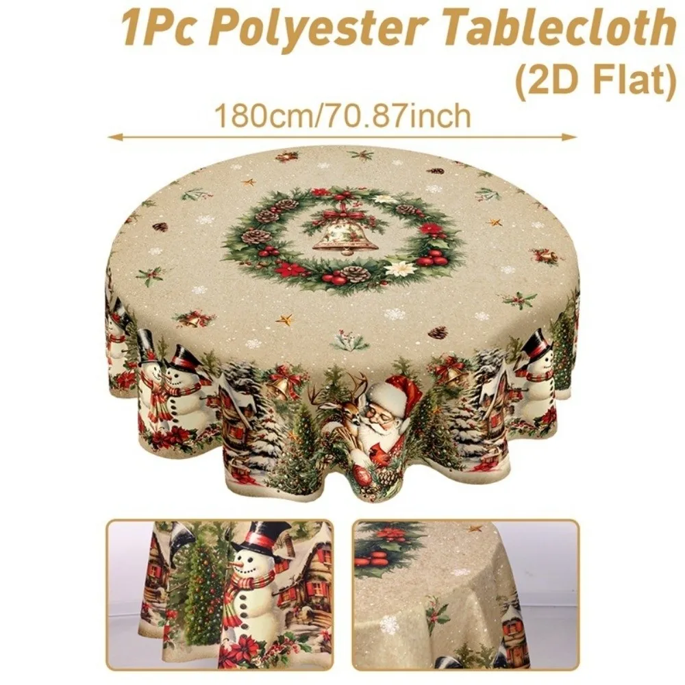 Polyester Christmas Tablecloth Round/Rectangle Santa Claus Print Christmas Table Cover Holiday Table Decor New Year Celebration