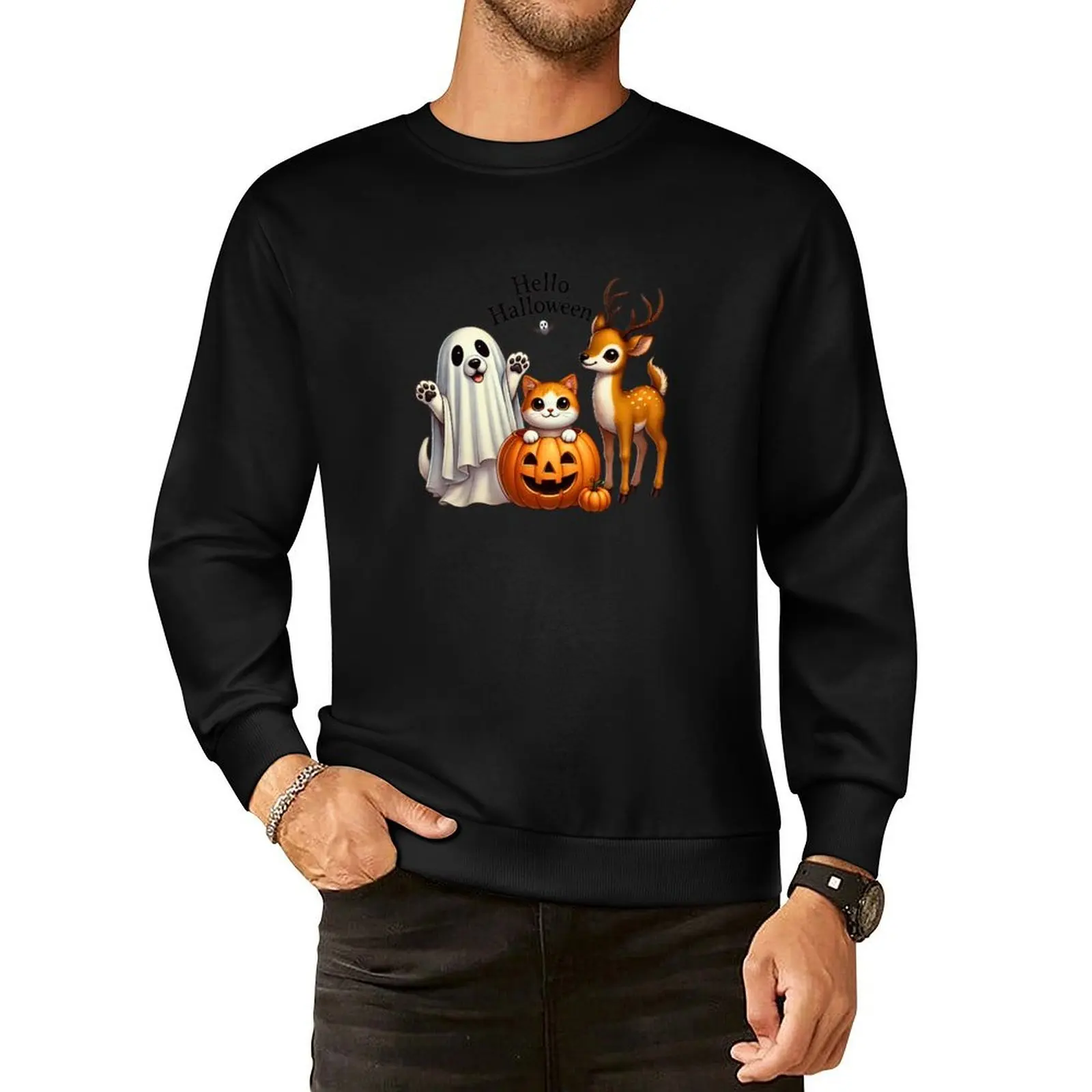 

Cute Halloween Trio: Ghost Dog, Pumpkin Cat & Deer Delight Pullover Hoodie anime clothes autumn sweatshirts