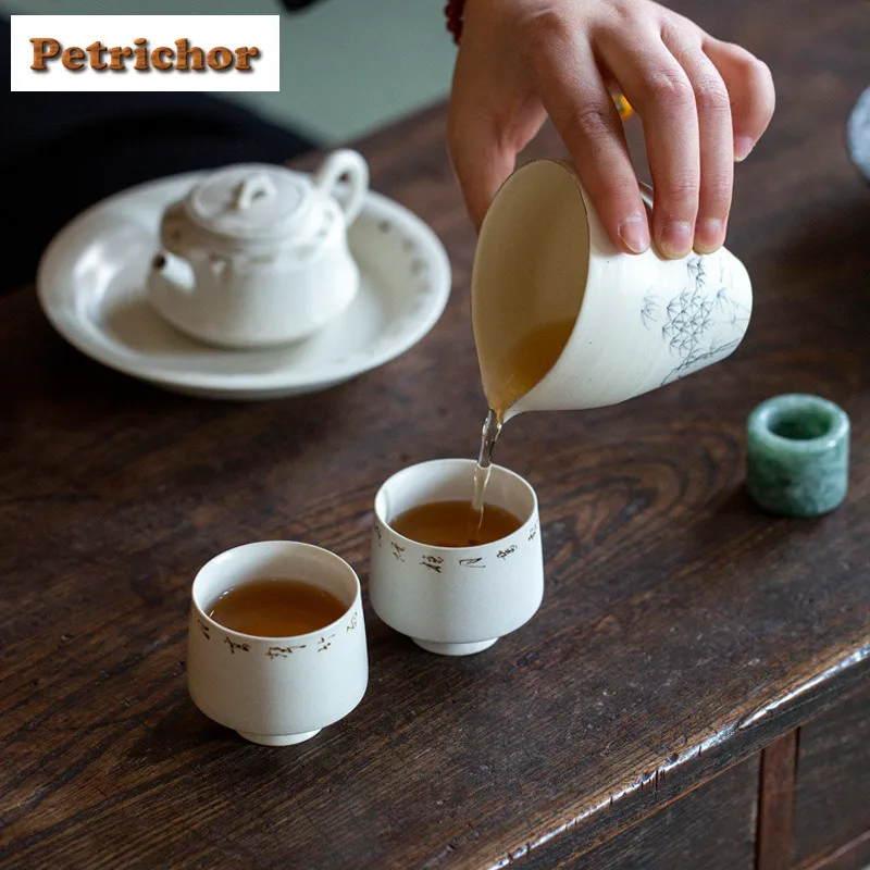 2 قطعة/الوحدة مسحوق يين مكتوبة بخط اليد الشعر نثر فنجان الشاي عالية القدم وعاء الشاي إبريق الماء الشاي تذوق رائحة كوب تشازان كوب رئيسي 65 مللي #2