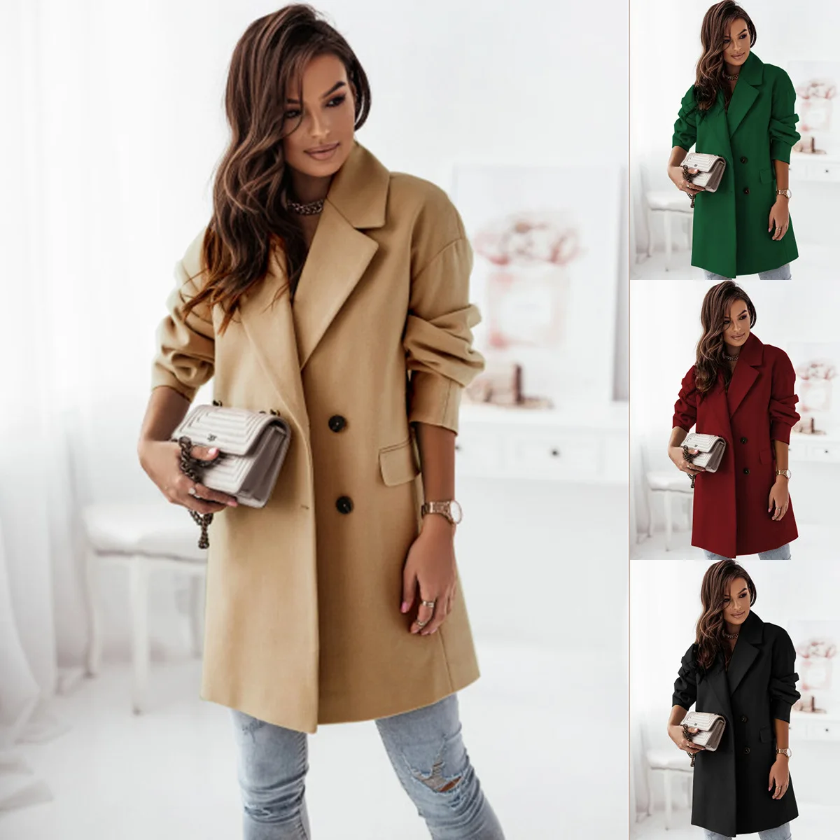 

Women Autumn and Winter New Solid Color Long Sleeves Suit Collar Woolen Coat Loose Casuan Commuter Overcoat for Female