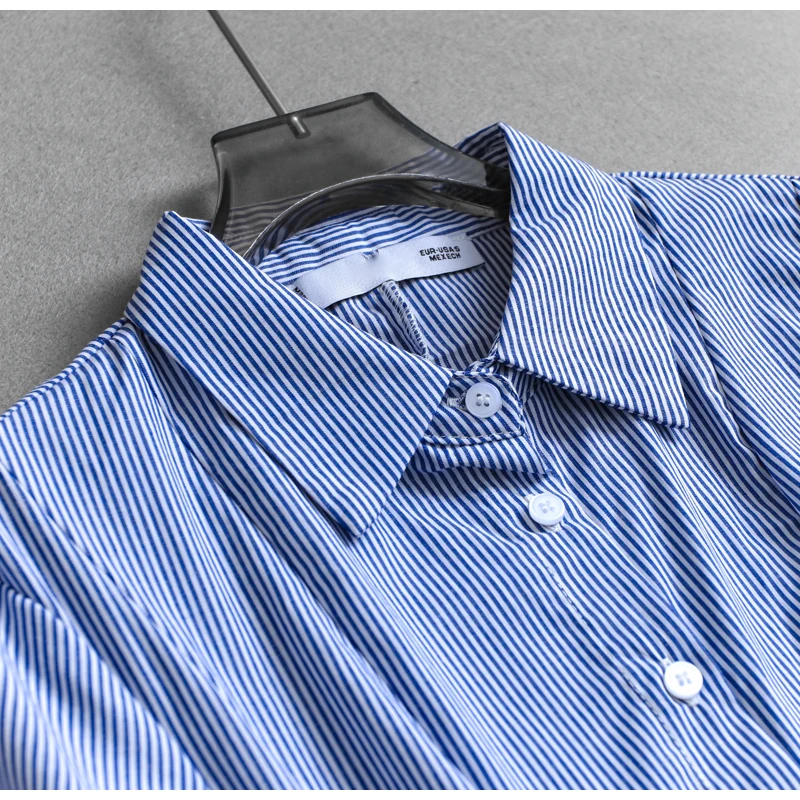 Elegancka niebieska sukienka damska z kołnierzykiem, zapinana na jeden guzik, w paski, koszulowa sukienka damska, letnia, codzienna, uniwersalna sukienka z długim rozcięciem.