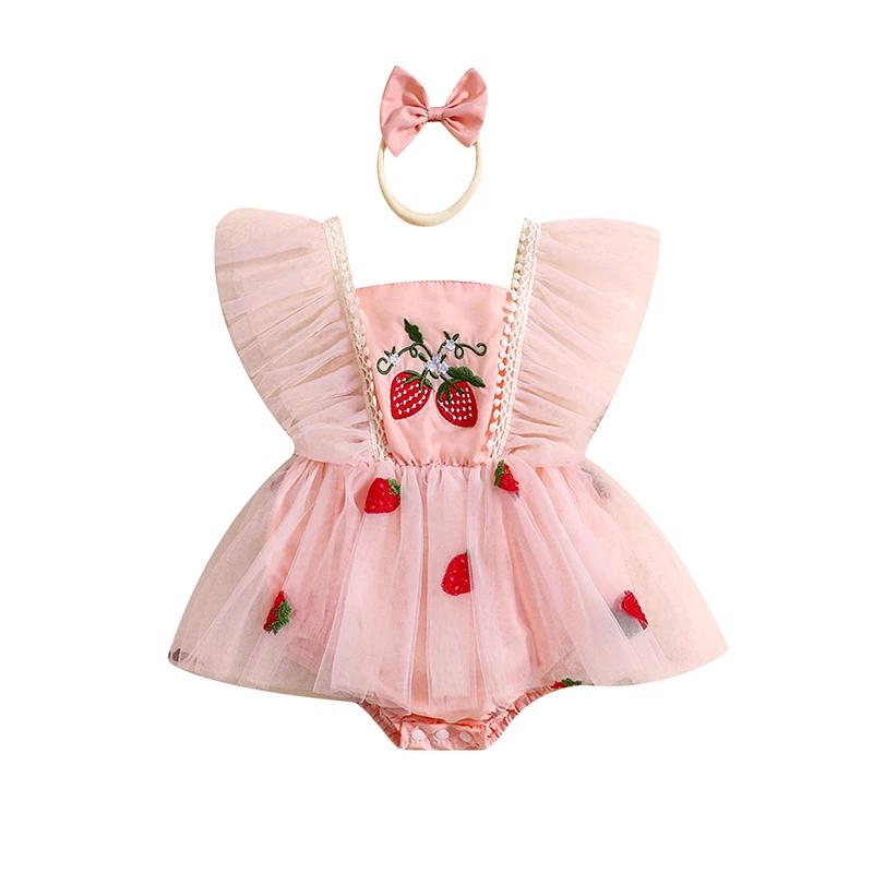 

Baby Girls Summer Romper Dress Flying Sleeve Strawberry Embroidery Romper with Headband