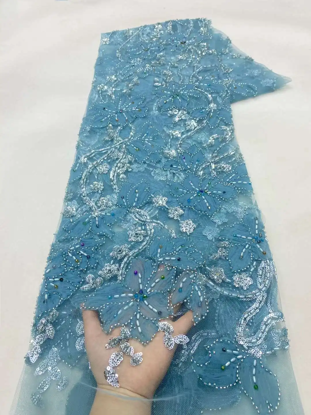 

2024 High Quality French Heavy Beaded Lace Fabric African Sequins Groom Lace Net Fabrics For Nigerian Wedding Party Dress Sewing