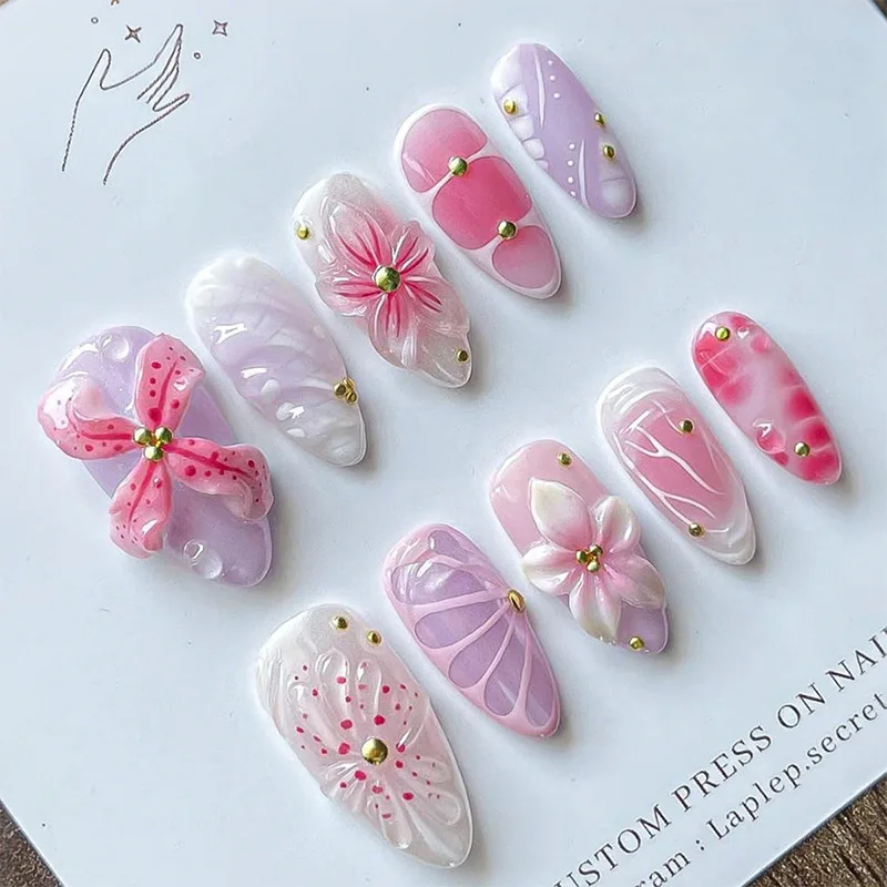 

24Pcs Mid-length Almond False Nails Colorly Flower Design Fake Nails Press on 3D Glue Pattern Reusable Full Cover Nails Tips Art