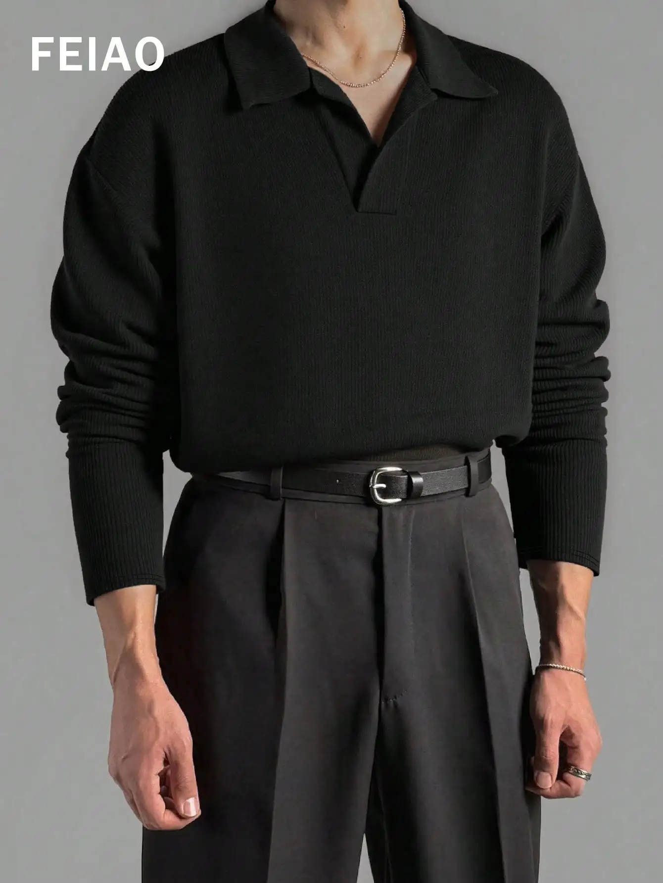 

Men's Ribbed Knit Polo Collar Long Sleeve Shirt, Solid Black, Casual All-Season Wear