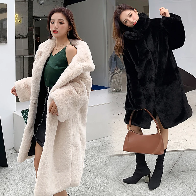 Winter new faux fur mink plush long coat stand-up collar over-the-knee thickened loose coat women